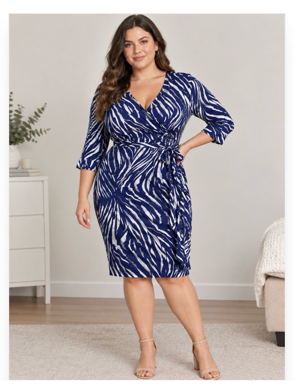 DVF Julia Mini Wrap-Style Plus Size Dress in Navy White Print